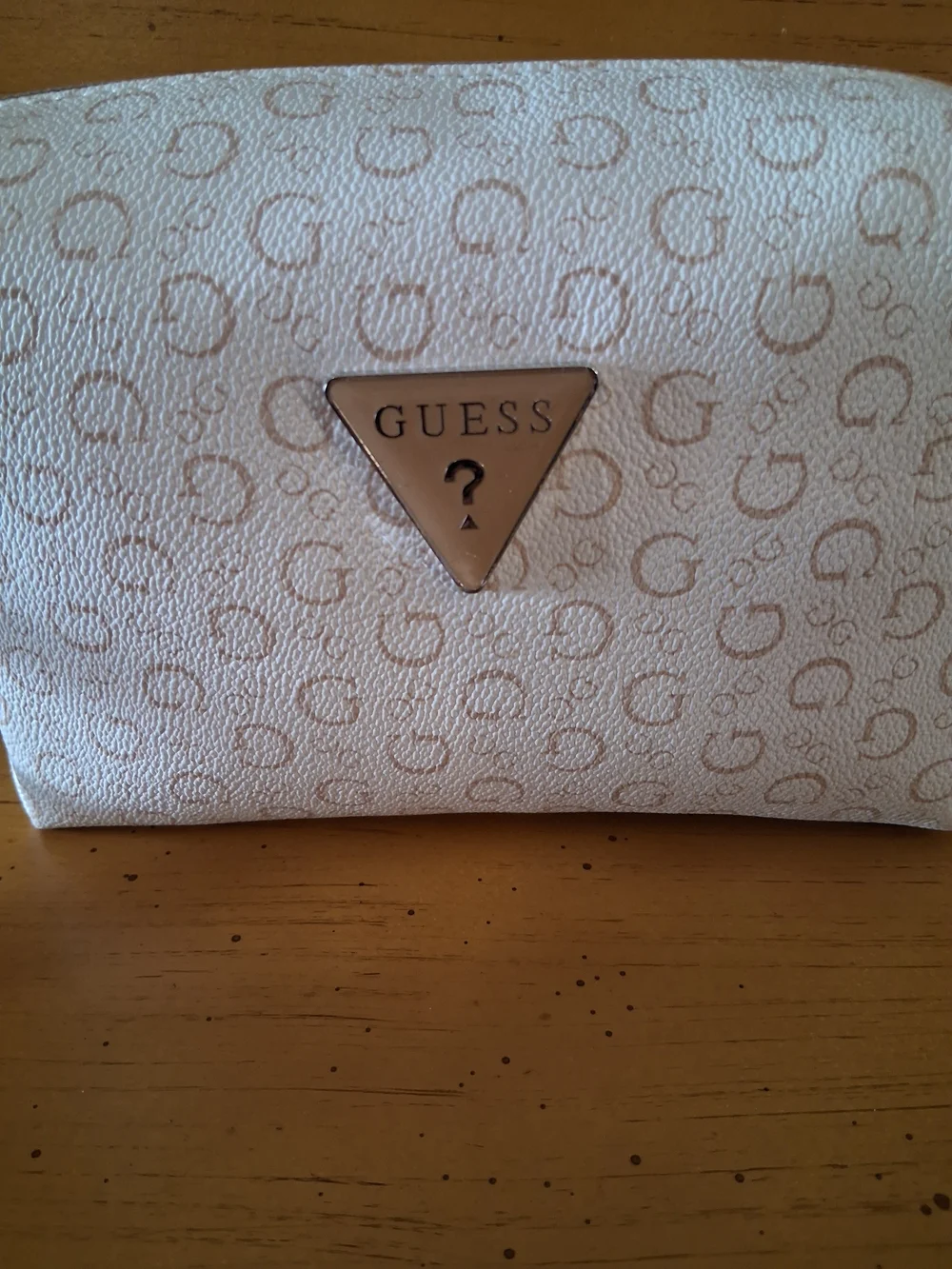 GUESS Cream Cosmetic Wristlet with Taupe Logo Trim